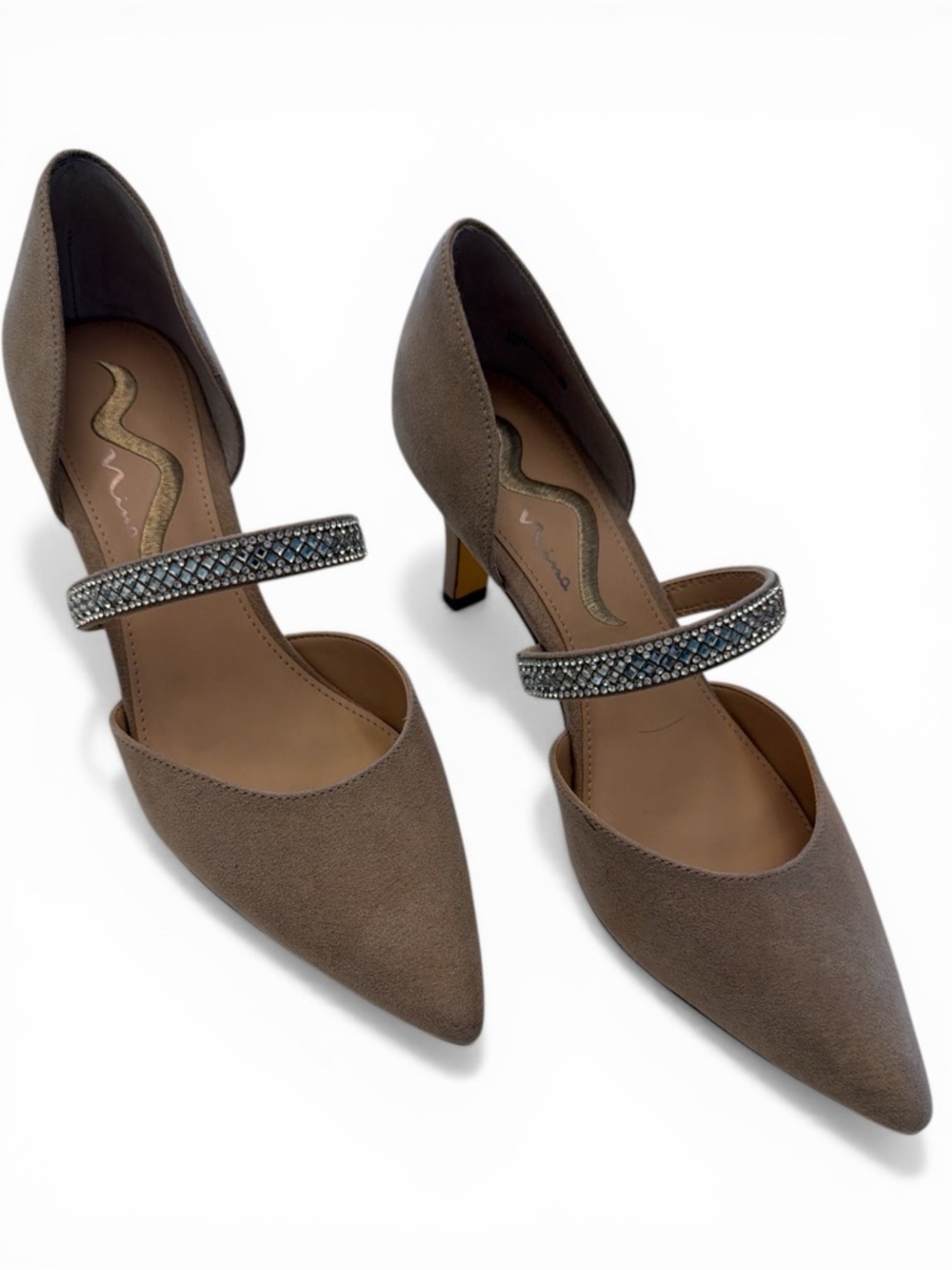 Nina Taupe Pointed D'Orsay Heels with Crystal Strap